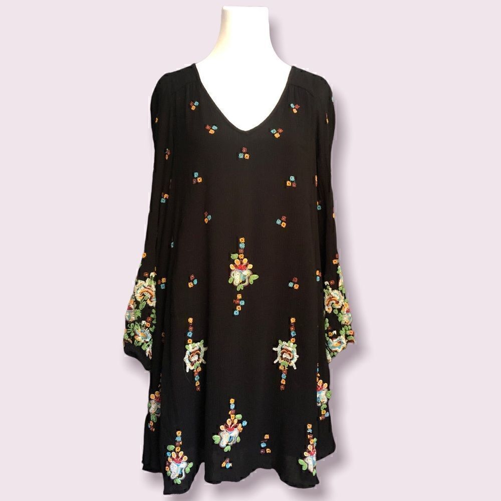Free People New Romantic Dress Black with Embroidery Floral Motif - Hi-Low - MED